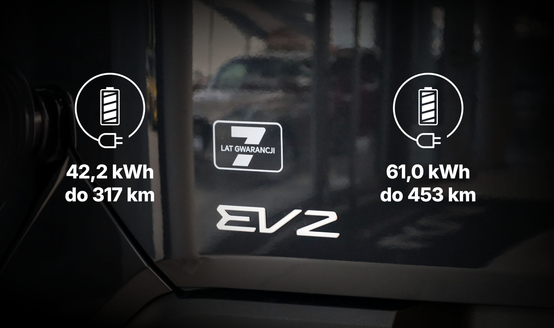 7 lat gwarancji 42,2 kWh zasięg do 317 km 61 kWh zasięg do 453 km